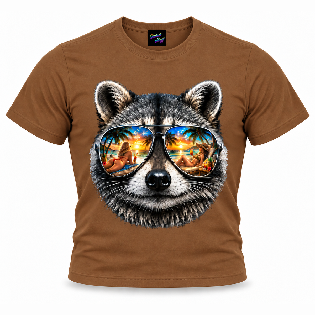 coolest,stuff,tshirt,shirt,tee,unisex,fashion,gift,graphic,apparel,streetwear,casual,clothing,outfit,trendy,raccoon,sunglasses,aviator,mirrored,reflection,beach,sunset,tropical,palms,ocean,summer,vacation,paradise,island,coastal,relaxation,cocktails,pineapple,bikini,sunbathing,women,sand,animal,wildlife,portrait,realistic,detailed,cool,playful,brown