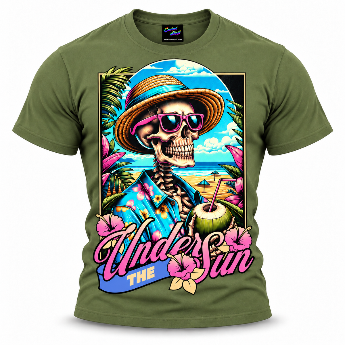 coolest,stuff,tshirt,shirt,tee,unisex,fashion,gift,bold,graphic,apparel,streetwear,casual,clothing,trendy,skeleton,skull,summer,beach,tropical,vacation,sun,sunglasses,coconut,drink,straw,hat,hawaiian,hibiscus,floral,palms,ocean,sand,island,paradise,relaxation,retro,vintage,colorful,turquoise,humor,holiday,coastal,cartoon,illustration,typography,green