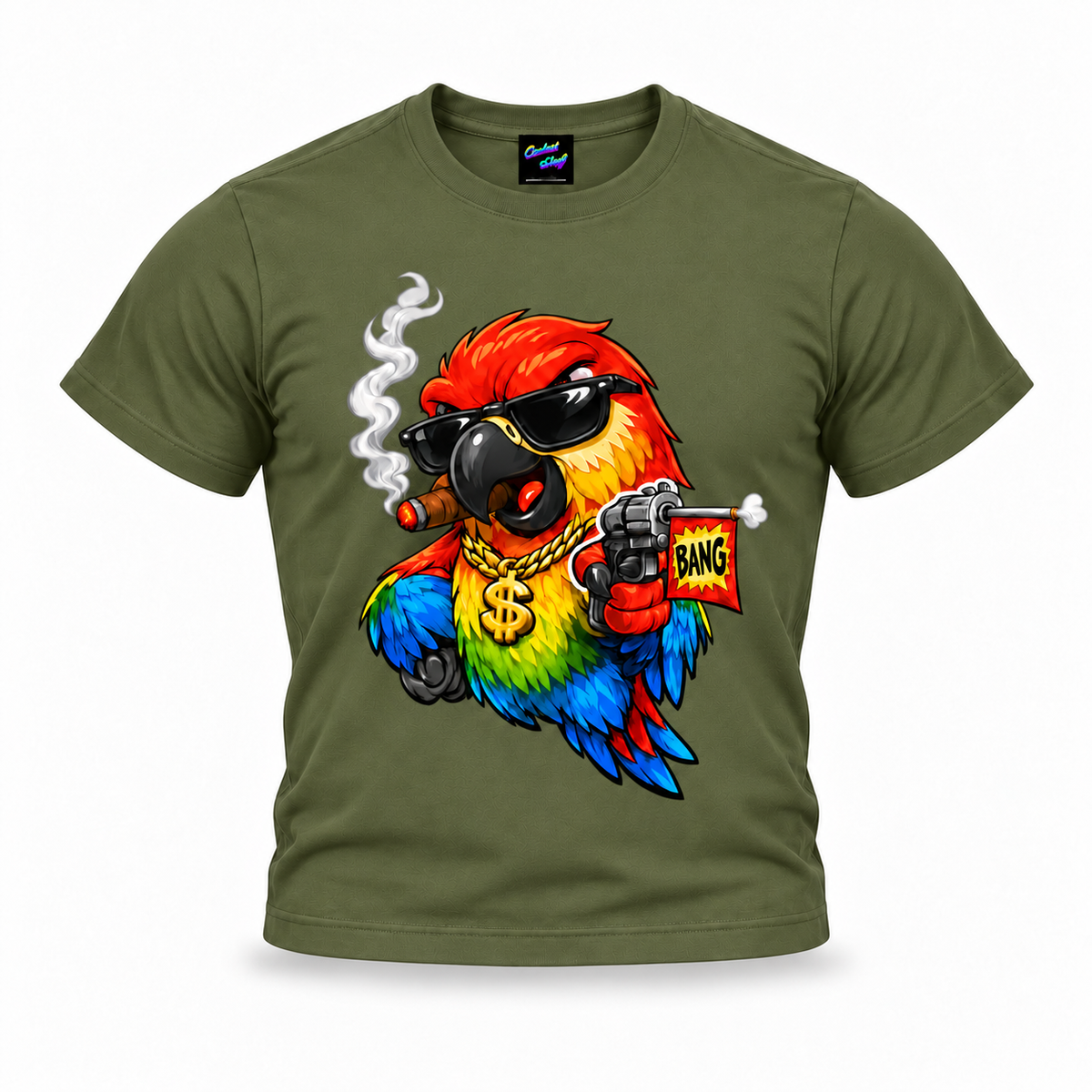coolest,stuff,tshirt,shirt,tee,unisex,fashion,gift,graphic,apparel,streetwear,casual,clothing,outfit,trendy,parrot,macaw,bird,gangster,sunglasses,cigar,smoke,gold,chain,dollar,bling,swagger,attitude,humor,cartoon,comic,bang,flag,prank,toy,revolver,feathers,tropical,colourful,bold,illustration,green