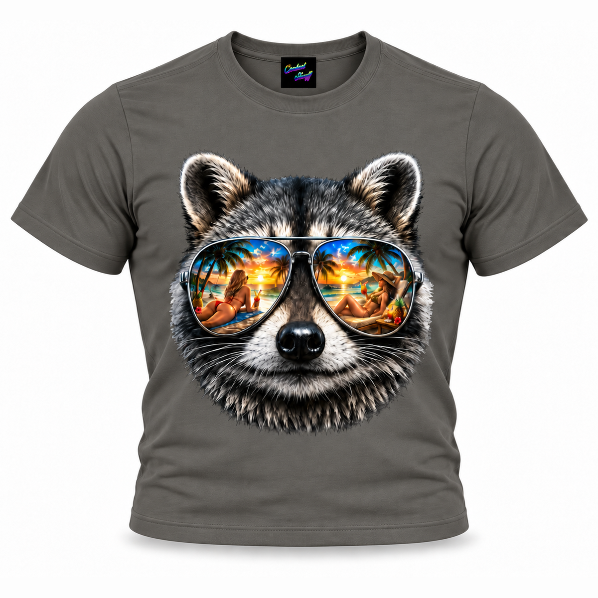 coolest,stuff,tshirt,shirt,tee,unisex,fashion,gift,graphic,apparel,streetwear,casual,clothing,outfit,trendy,raccoon,sunglasses,aviator,mirrored,reflection,beach,sunset,tropical,palms,ocean,summer,vacation,paradise,island,coastal,relaxation,cocktails,pineapple,bikini,sunbathing,women,sand,animal,wildlife,portrait,realistic,detailed,cool,playful,grey
