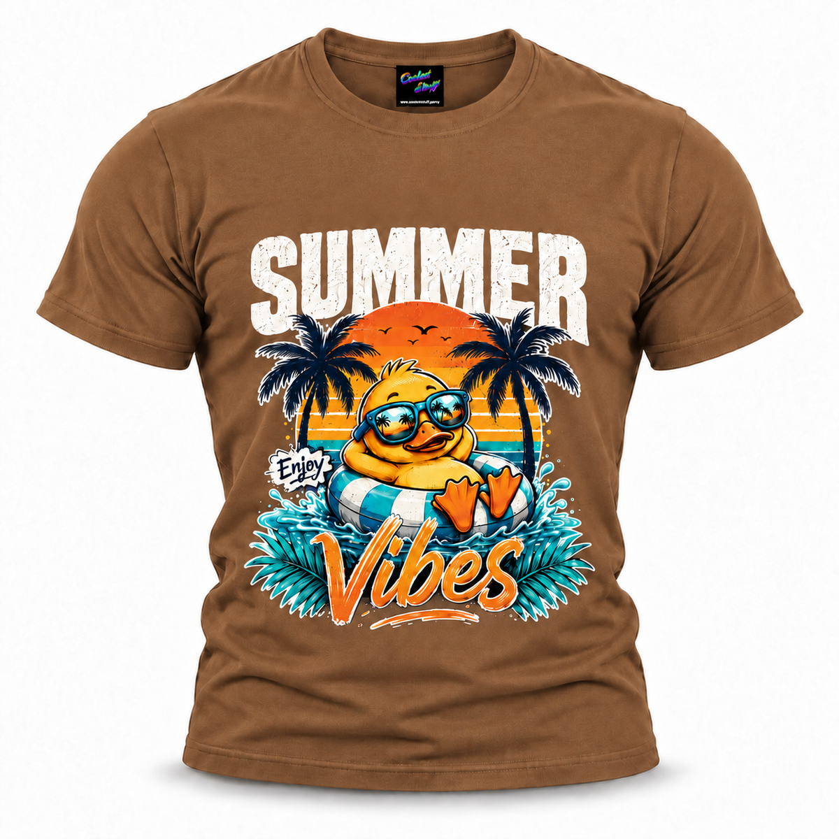 coolest,stuff,tshirt,shirt,tee,unisex,fashion,gift,bold,graphic,apparel,streetwear,casual,clothing,outfit,trendy,summer,vibes,palm,tropical,beach,ocean,sunset,vacation,paradise,island,coastal,holiday,retro,duck,duckling,enjoy,sunglasses,float,inflatable,swimming,pool,nostalgia,gradient,typography,script,stripes,horizon,relaxation,brown