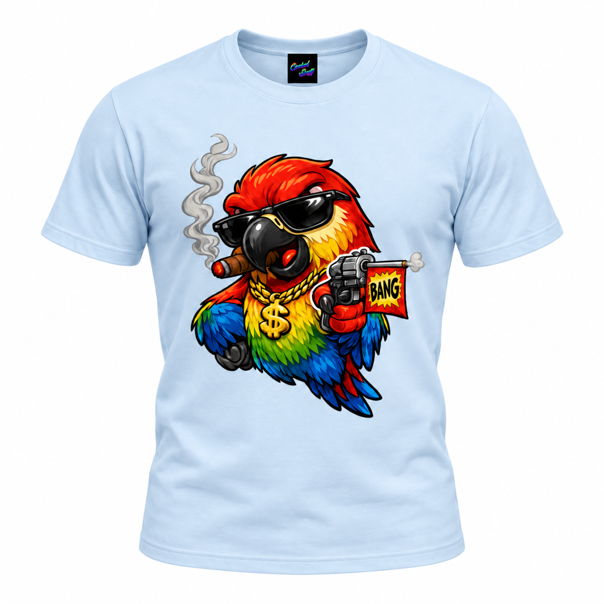 Gangster Rainbow Parrot Cartoon T-Shirt | Funny Bird Graphic Tee with BANG Toy Gun | Colourful Streetwear Design