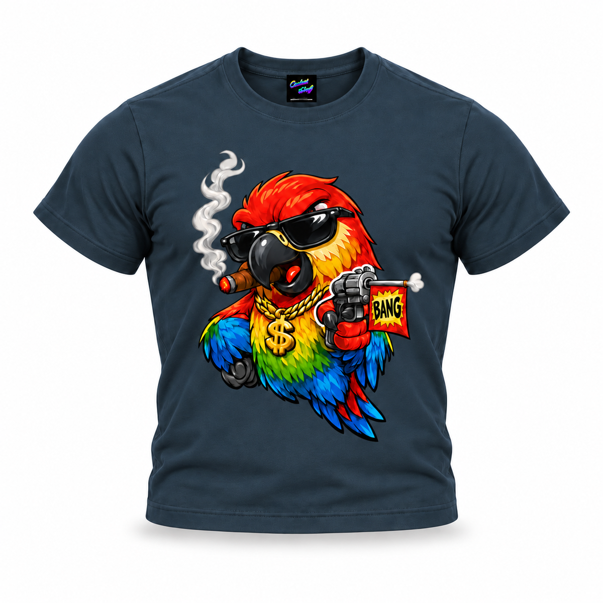 coolest,stuff,tshirt,shirt,tee,unisex,fashion,gift,graphic,apparel,streetwear,casual,clothing,outfit,trendy,parrot,macaw,bird,gangster,sunglasses,cigar,smoke,gold,chain,dollar,bling,swagger,attitude,humor,cartoon,comic,bang,flag,prank,toy,revolver,feathers,tropical,colourful,bold,illustration,navy