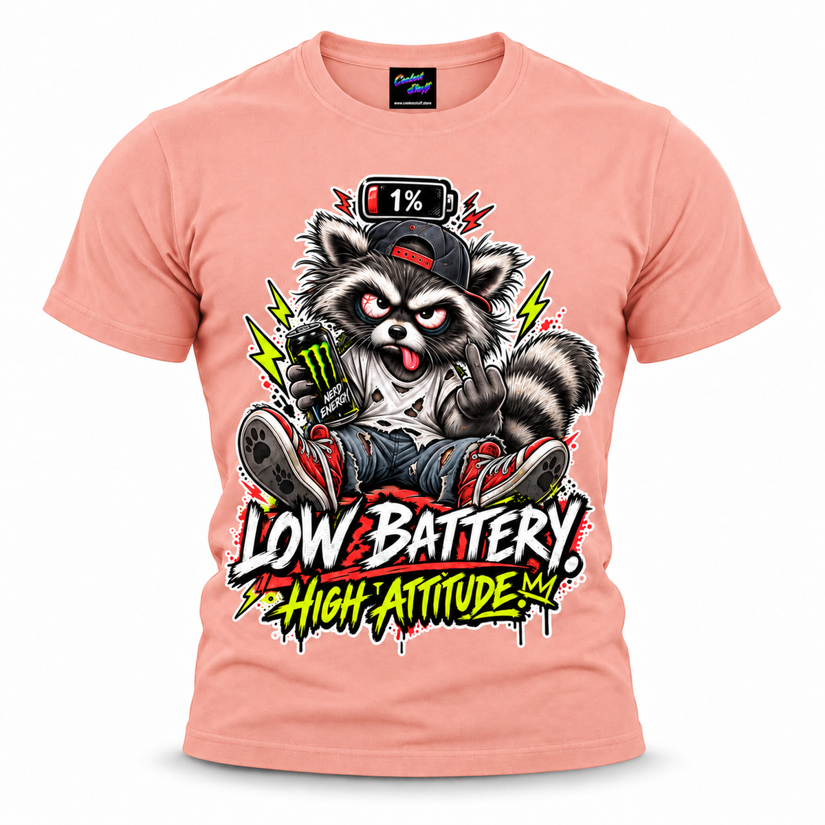 coolest,stuff,tshirt,shirt,tee,unisex,fashion,gift,bold,graphic,apparel,streetwear,casual,raccoon,battery,attitude,low,high,tired,exhausted,sarcasm,humor,rebellious,grumpy,caffeine,energy,drink,burnout,sassy,rude,sneakers,cap,denim,ripped,cartoon,graffiti,grunge,lightning,neon,novelty,pink