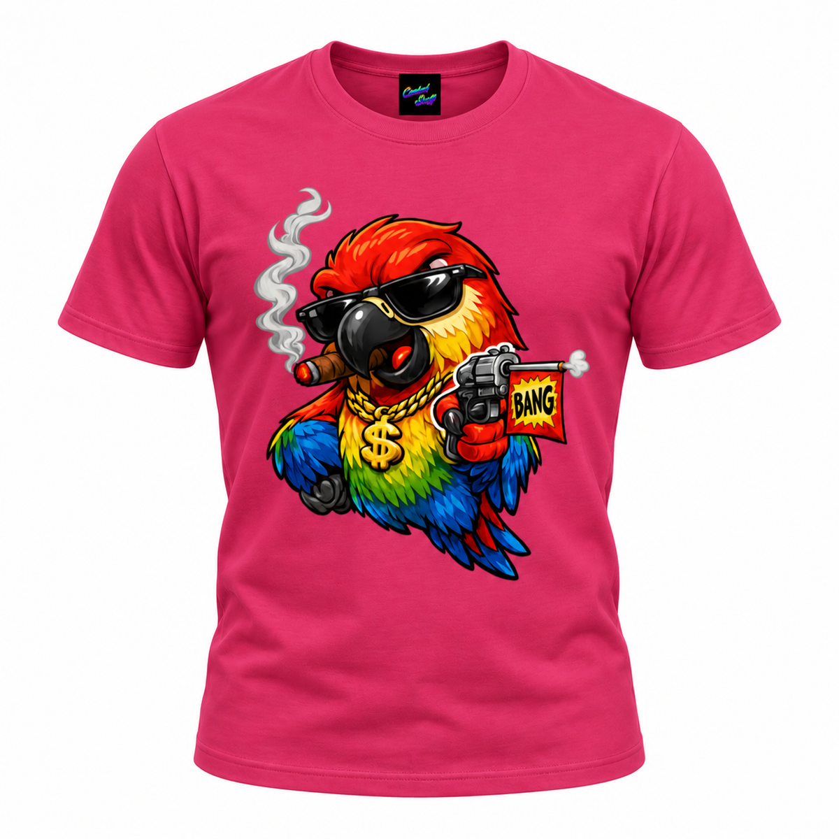 Gangster Rainbow Parrot Cartoon T-Shirt | Funny Bird Graphic Tee with BANG Toy Gun | Colourful Streetwear Design