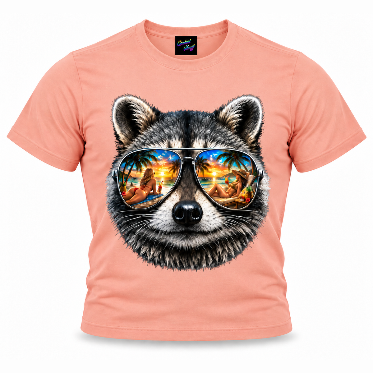 coolest,stuff,tshirt,shirt,tee,unisex,fashion,gift,graphic,apparel,streetwear,casual,clothing,outfit,trendy,raccoon,sunglasses,aviator,mirrored,reflection,beach,sunset,tropical,palms,ocean,summer,vacation,paradise,island,coastal,relaxation,cocktails,pineapple,bikini,sunbathing,women,sand,animal,wildlife,portrait,realistic,detailed,cool,playful,pink