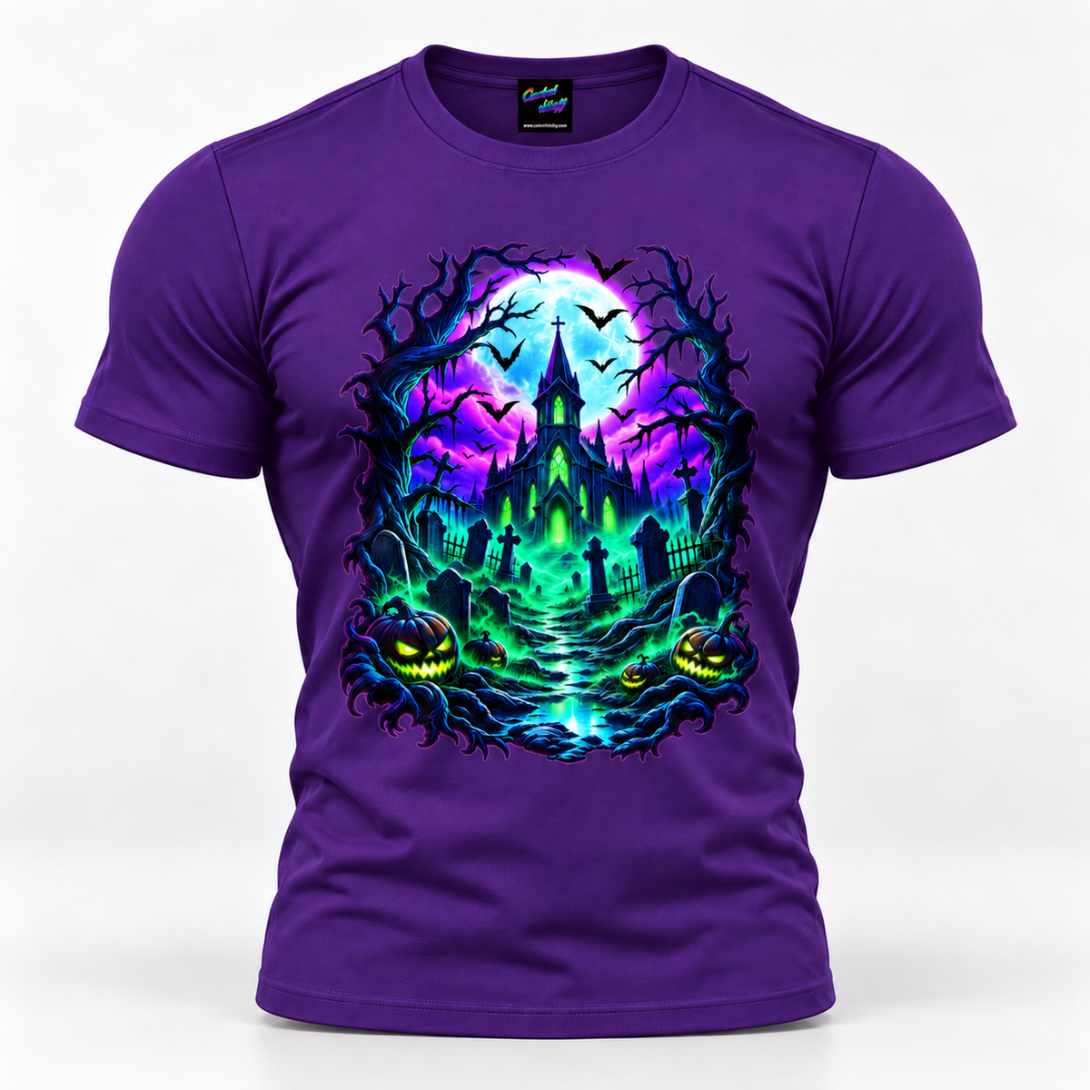 Neon Haunted Church T-Shirt with gothic church and full moon