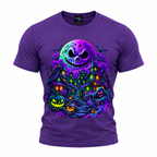 coolest,stuff,tshirt,shirt,tee,unisex,fashion,gift,bold,graphic,apparel,streetwear,casual,halloween,haunted,village,skull,moon,pumpkins,bats,ghost,hooded,ghoul,horror,gothic,spooky,creepy,supernatural,night,neon,cyan,glowing,clouds,smoke,stairs,trees,claws,fantasy,october,autumn,illustration,purple