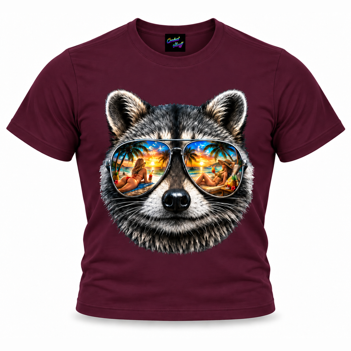 coolest,stuff,tshirt,shirt,tee,unisex,fashion,gift,graphic,apparel,streetwear,casual,clothing,outfit,trendy,raccoon,sunglasses,aviator,mirrored,reflection,beach,sunset,tropical,palms,ocean,summer,vacation,paradise,island,coastal,relaxation,cocktails,pineapple,bikini,sunbathing,women,sand,animal,wildlife,portrait,realistic,detailed,cool,playful,purple