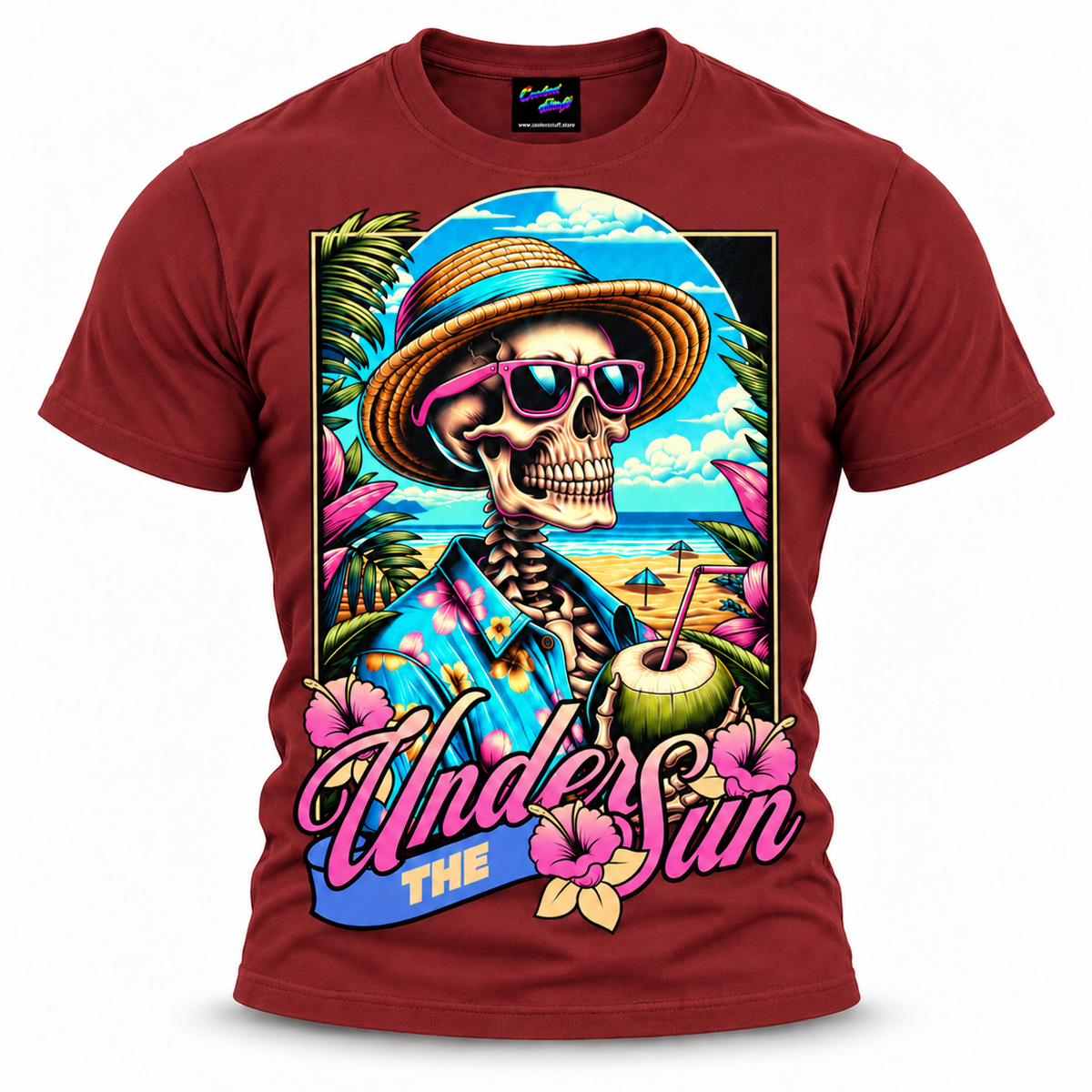 coolest,stuff,tshirt,shirt,tee,unisex,fashion,gift,bold,graphic,apparel,streetwear,casual,clothing,trendy,skeleton,skull,summer,beach,tropical,vacation,sun,sunglasses,coconut,drink,straw,hat,hawaiian,hibiscus,floral,palms,ocean,sand,island,paradise,relaxation,retro,vintage,colorful,turquoise,humor,holiday,coastal,cartoon,illustration,typography,red