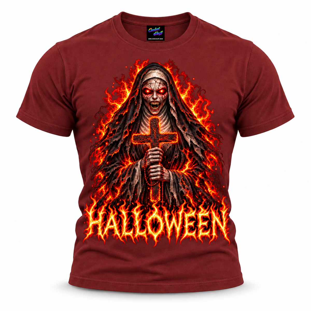 Halloween,tshirt,tee,spooky,undead,skeleton,vampire,shirt,holy,flames,scary,outfit,nun,horror,haunted,graphic,gothic,design,demonic,cross,creepy,red