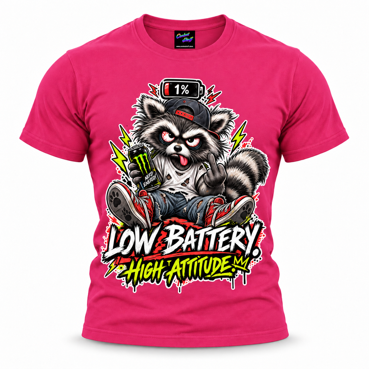 coolest,stuff,tshirt,shirt,tee,unisex,fashion,gift,bold,graphic,apparel,streetwear,casual,raccoon,battery,attitude,low,high,tired,exhausted,sarcasm,humor,rebellious,grumpy,caffeine,energy,drink,burnout,sassy,rude,sneakers,cap,denim,ripped,cartoon,graffiti,grunge,lightning,neon,novelty,rosepink