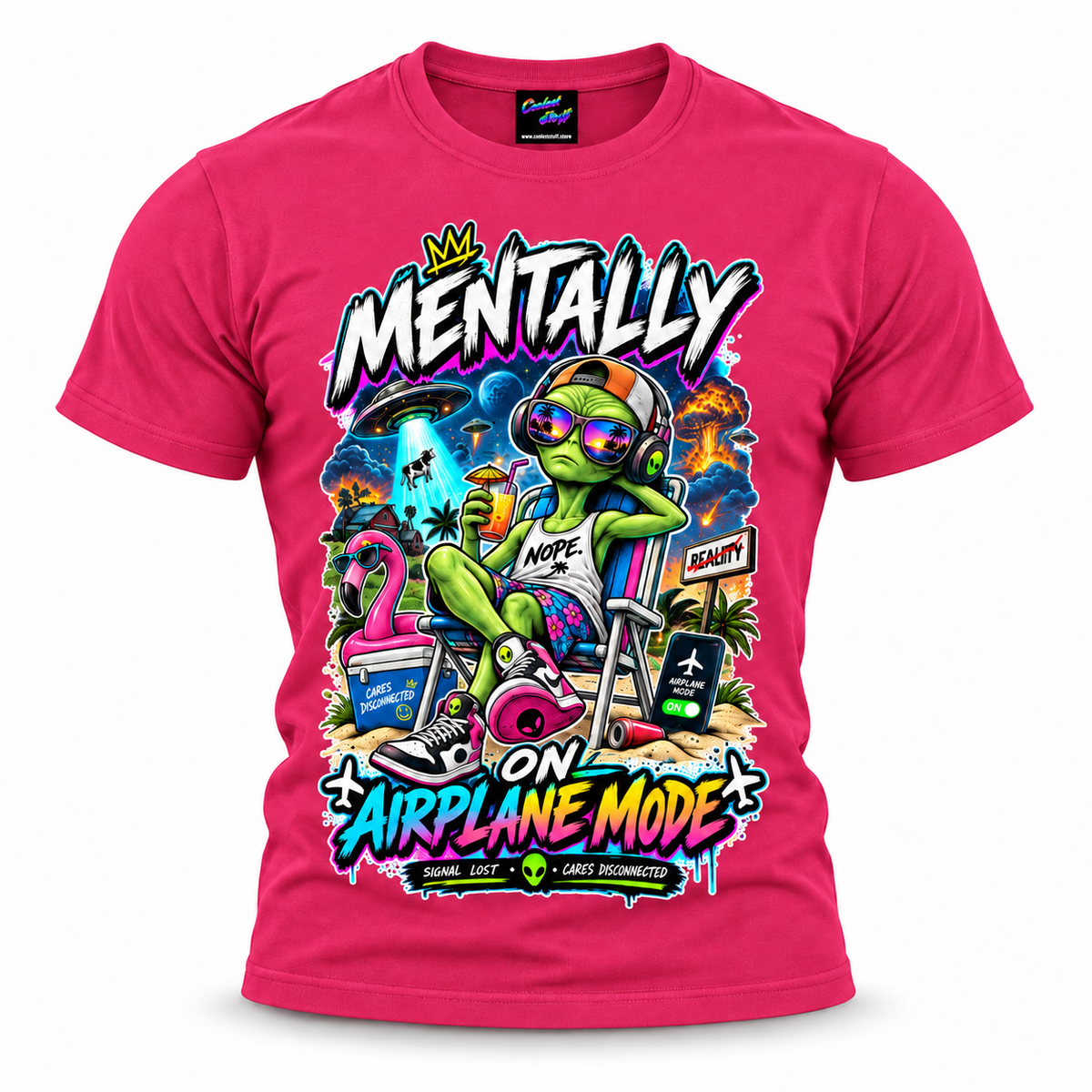 coolest,stuff,tshirt,shirt,tee,unisex,fashion,gift,bold,graphic,apparel,streetwear,casual,alien,airplane,mode,mentally,vacation,relaxation,chill,disconnected,unbothered,humor,sarcasm,tropical,beach,summer,sunglasses,headphones,cocktail,flamingo,ufo,abduction,cow,explosion,palm,graffiti,neon,colorful,cartoon,cosmic,escapism,cap,rosepink