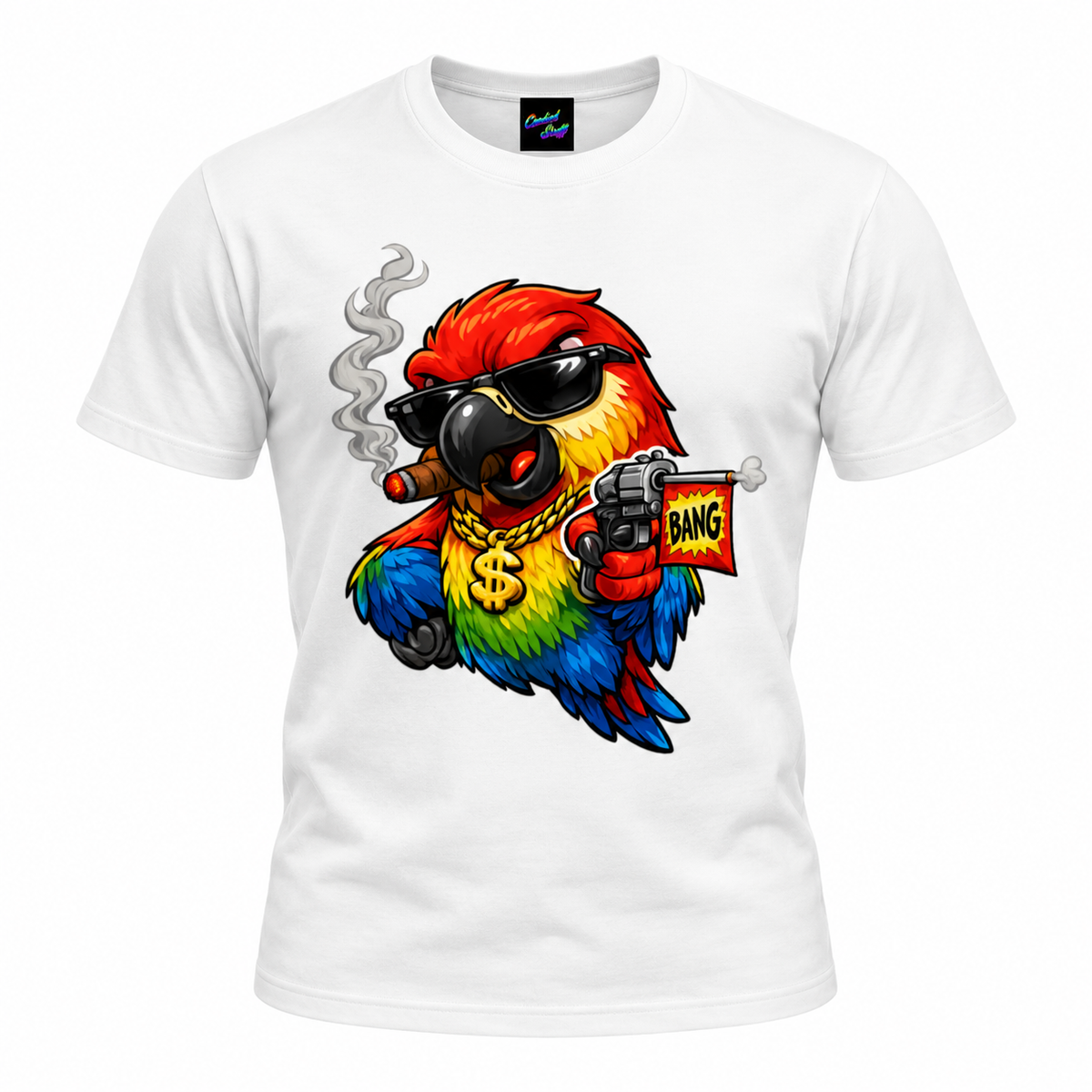 Gangster Rainbow Parrot Cartoon T-Shirt | Funny Bird Graphic Tee with BANG Toy Gun | Colourful Streetwear Design