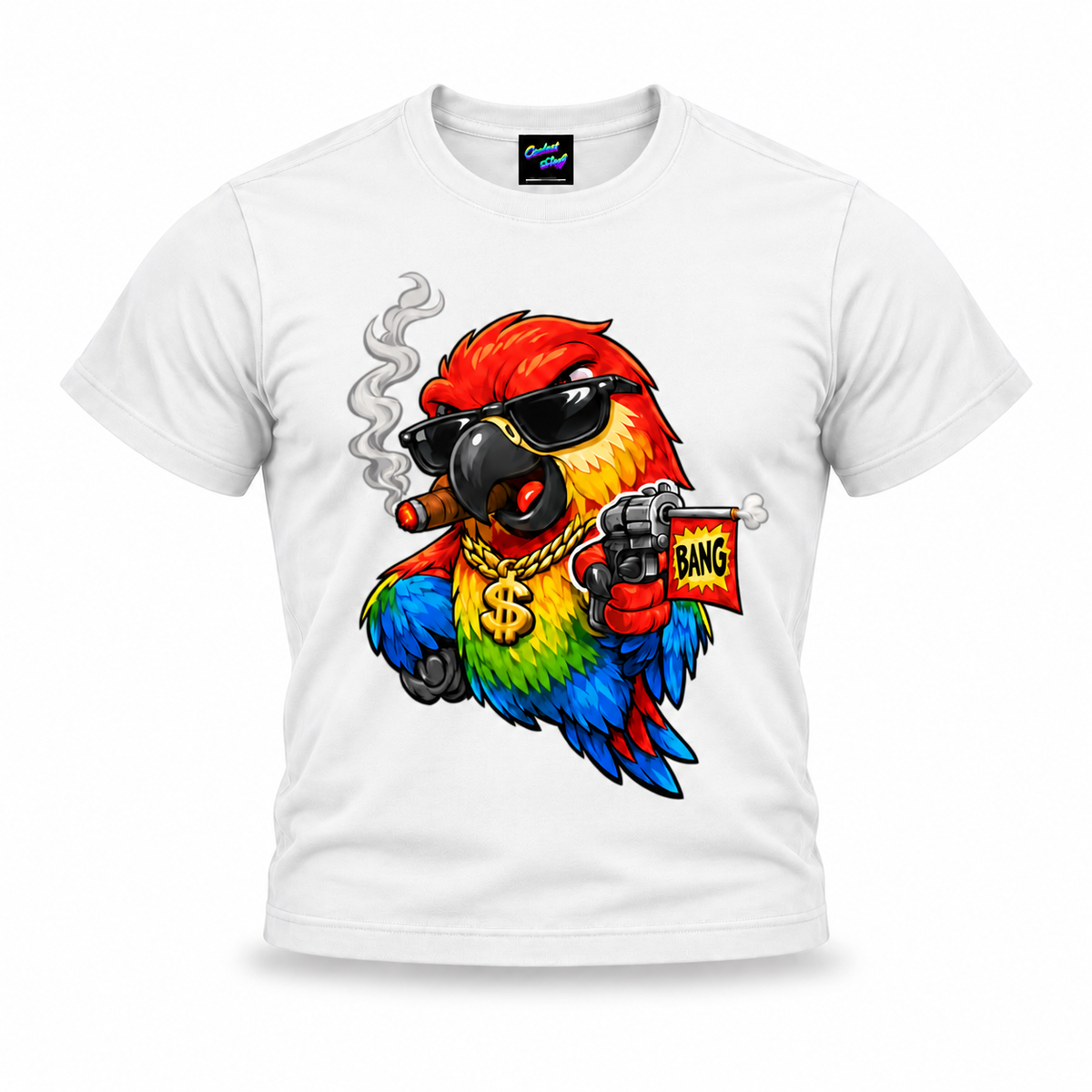 coolest,stuff,tshirt,shirt,tee,unisex,fashion,gift,graphic,apparel,streetwear,casual,clothing,outfit,trendy,parrot,macaw,bird,gangster,sunglasses,cigar,smoke,gold,chain,dollar,bling,swagger,attitude,humor,cartoon,comic,bang,flag,prank,toy,revolver,feathers,tropical,colourful,bold,illustration,white