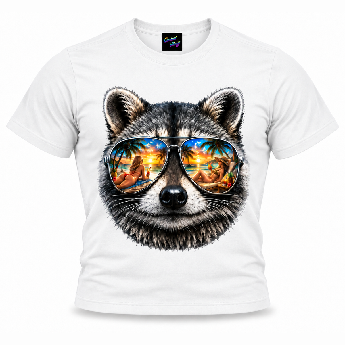 coolest,stuff,tshirt,shirt,tee,unisex,fashion,gift,graphic,apparel,streetwear,casual,clothing,outfit,trendy,raccoon,sunglasses,aviator,mirrored,reflection,beach,sunset,tropical,palms,ocean,summer,vacation,paradise,island,coastal,relaxation,cocktails,pineapple,bikini,sunbathing,women,sand,animal,wildlife,portrait,realistic,detailed,cool,playful,white