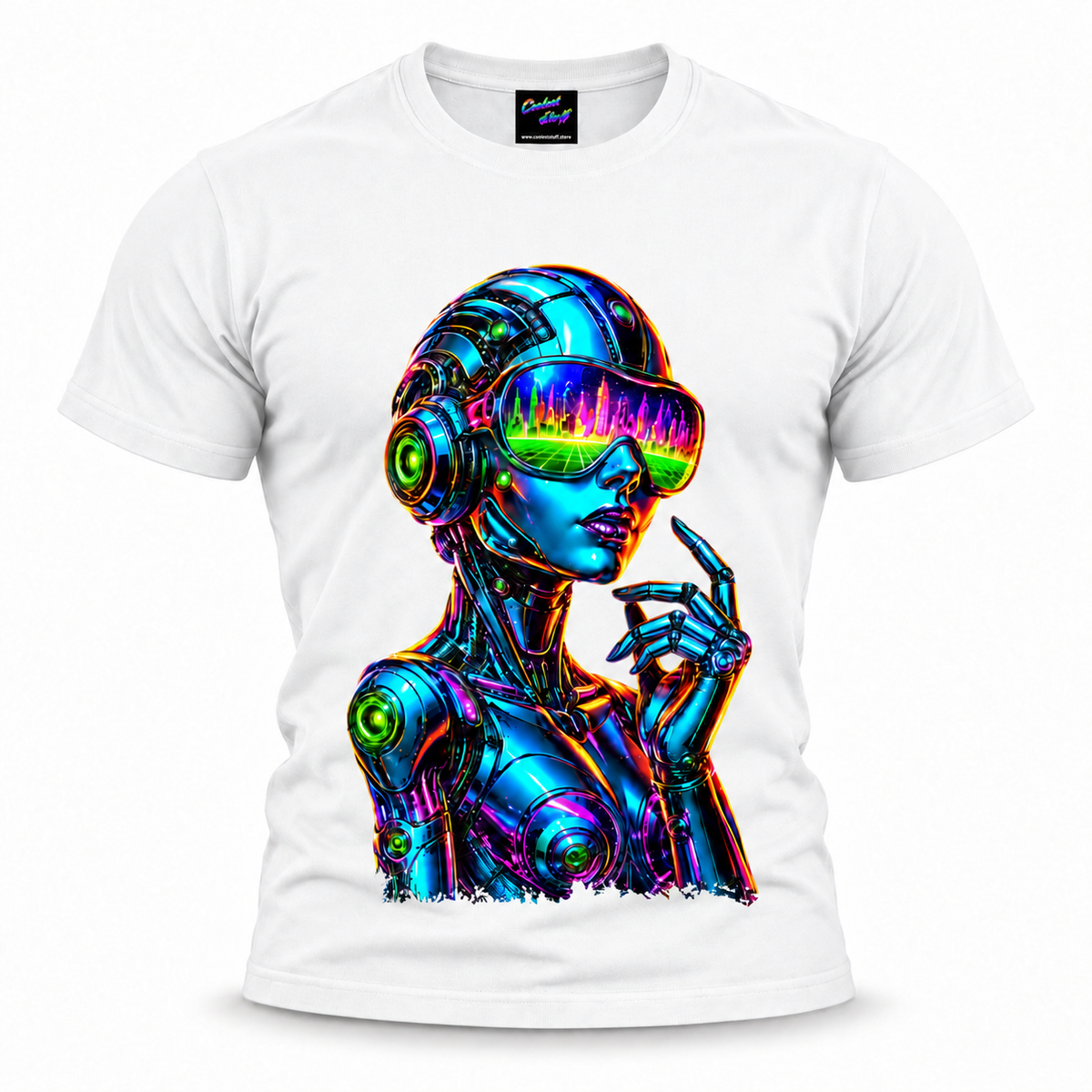 coolest,stuff,tshirt,shirt,tee,unisex,robot,graphic,fashion,neon,futuristic,cyberpunk,cyber,colourful,vibrant,bold,outstanding,game,play,gift,cyborg girl, android woman, neon robot art, synthwave, vaporwave, futuristic graphic tee, sci-fi, cybernetic woman, VR goggles design, neon visor, neon city reflection, futuristic cityscape, cyberpunk city, retrowave, outrun aesthetic, neon streetwear, cyberpunk fashion, white