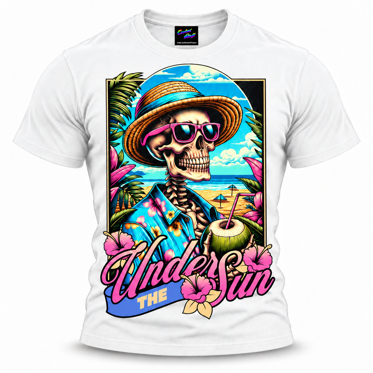 coolest,stuff,tshirt,shirt,tee,unisex,fashion,gift,bold,graphic,apparel,streetwear,casual,clothing,trendy,skeleton,skull,summer,beach,tropical,vacation,sun,sunglasses,coconut,drink,straw,hat,hawaiian,hibiscus,floral,palms,ocean,sand,island,paradise,relaxation,retro,vintage,colorful,turquoise,humor,holiday,coastal,cartoon,illustration,typography,white
