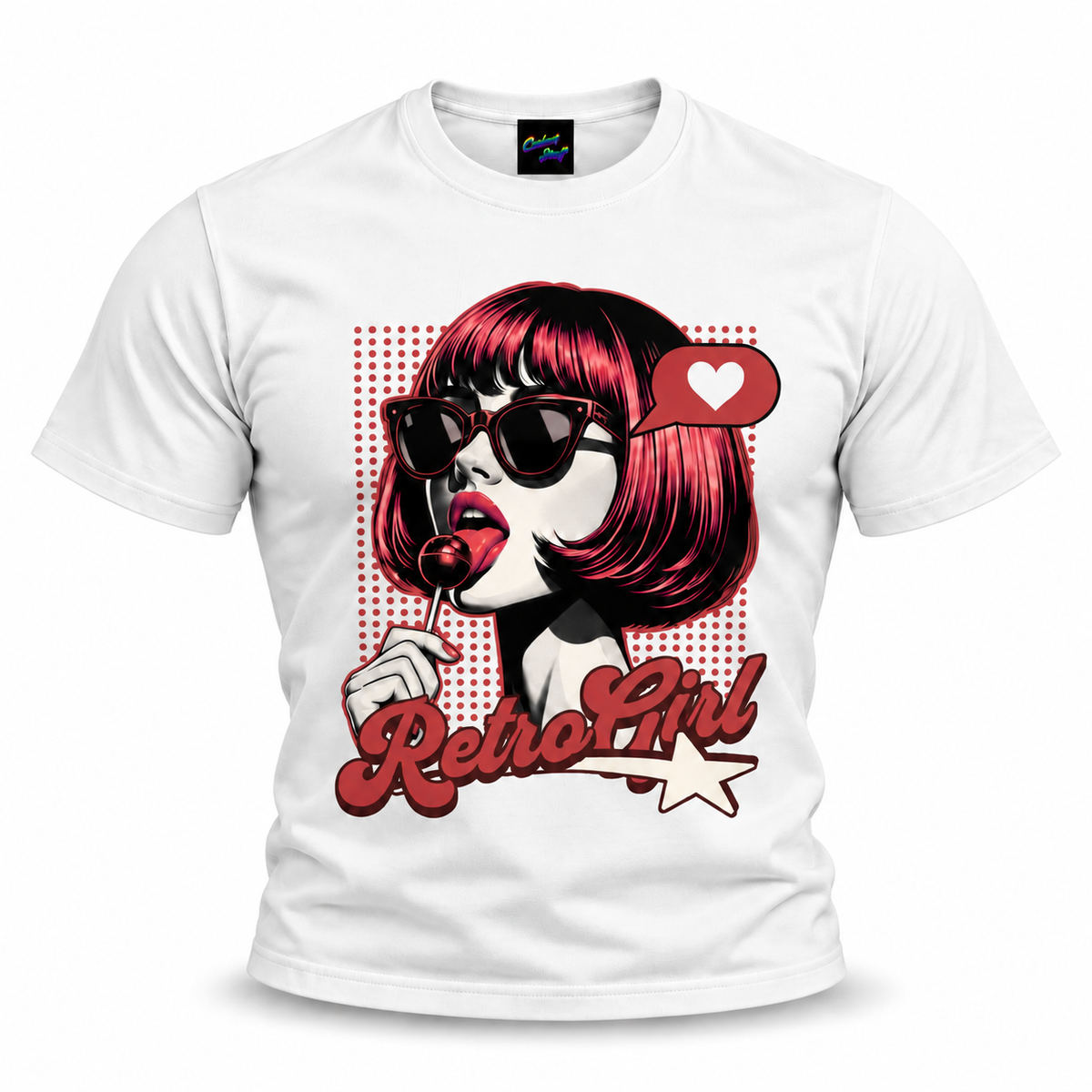 coolest,stuff,tshirt,shirt,tee,unisex,fashion,gift,graphic,apparel,streetwear,casual,clothing,outfit,trendy,retro,girl,popart,vintage,pinup,sunglasses,lollipop,candy,heart,love,star,halftone,dots,bob,bangs,lipstick,portrait,comic,illustration,typography,script,playful,sassy,glamour,nostalgia,rockabilly,white