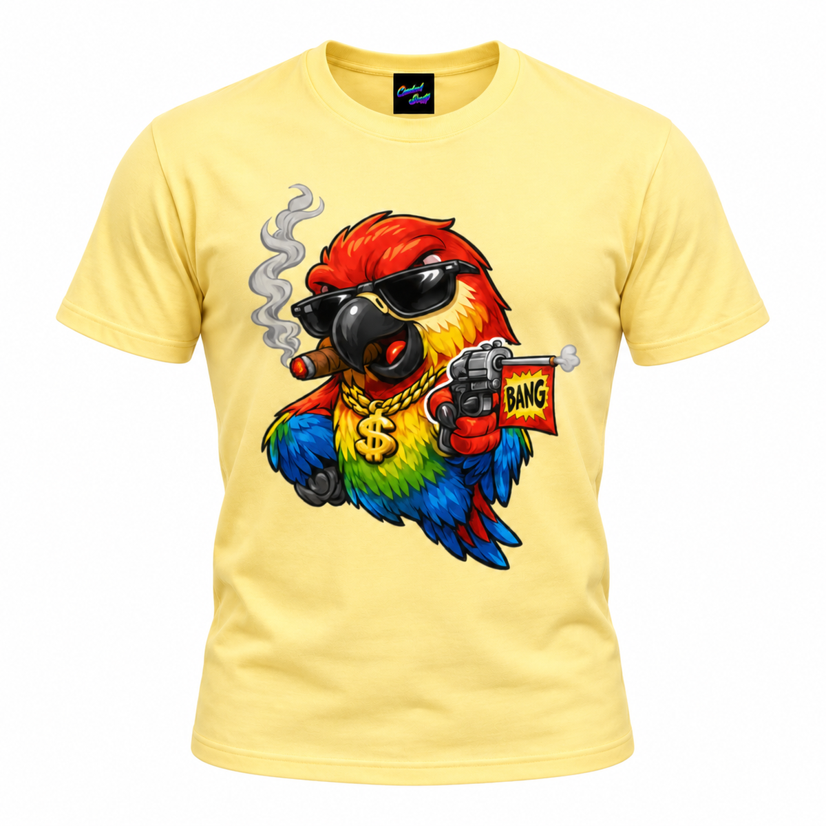 Gangster Rainbow Parrot Cartoon T-Shirt | Funny Bird Graphic Tee with BANG Toy Gun | Colourful Streetwear Design
