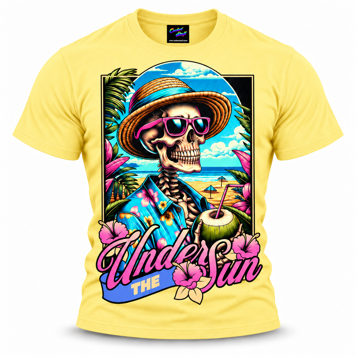 coolest,stuff,tshirt,shirt,tee,unisex,fashion,gift,bold,graphic,apparel,streetwear,casual,clothing,trendy,skeleton,skull,summer,beach,tropical,vacation,sun,sunglasses,coconut,drink,straw,hat,hawaiian,hibiscus,floral,palms,ocean,sand,island,paradise,relaxation,retro,vintage,colorful,turquoise,humor,holiday,coastal,cartoon,illustration,typography,yellow