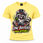 coolest,stuff,tshirt,shirt,tee,unisex,fashion,gift,bold,graphic,apparel,streetwear,casual,raccoon,battery,attitude,low,high,tired,exhausted,sarcasm,humor,rebellious,grumpy,caffeine,energy,drink,burnout,sassy,rude,sneakers,cap,denim,ripped,cartoon,graffiti,grunge,lightning,neon,novelty,yellow