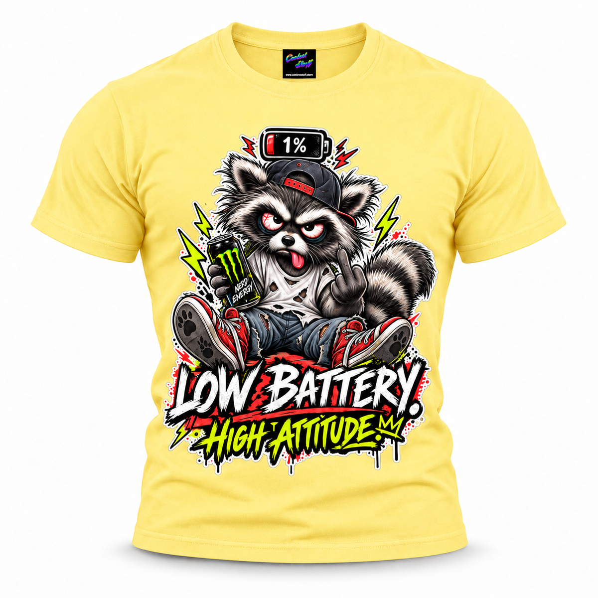 coolest,stuff,tshirt,shirt,tee,unisex,fashion,gift,bold,graphic,apparel,streetwear,casual,raccoon,battery,attitude,low,high,tired,exhausted,sarcasm,humor,rebellious,grumpy,caffeine,energy,drink,burnout,sassy,rude,sneakers,cap,denim,ripped,cartoon,graffiti,grunge,lightning,neon,novelty,yellow