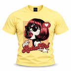 coolest,stuff,tshirt,shirt,tee,unisex,fashion,gift,graphic,apparel,streetwear,casual,clothing,outfit,trendy,retro,girl,popart,vintage,pinup,sunglasses,lollipop,candy,heart,love,star,halftone,dots,bob,bangs,lipstick,portrait,comic,illustration,typography,script,playful,sassy,glamour,nostalgia,rockabilly,yellow