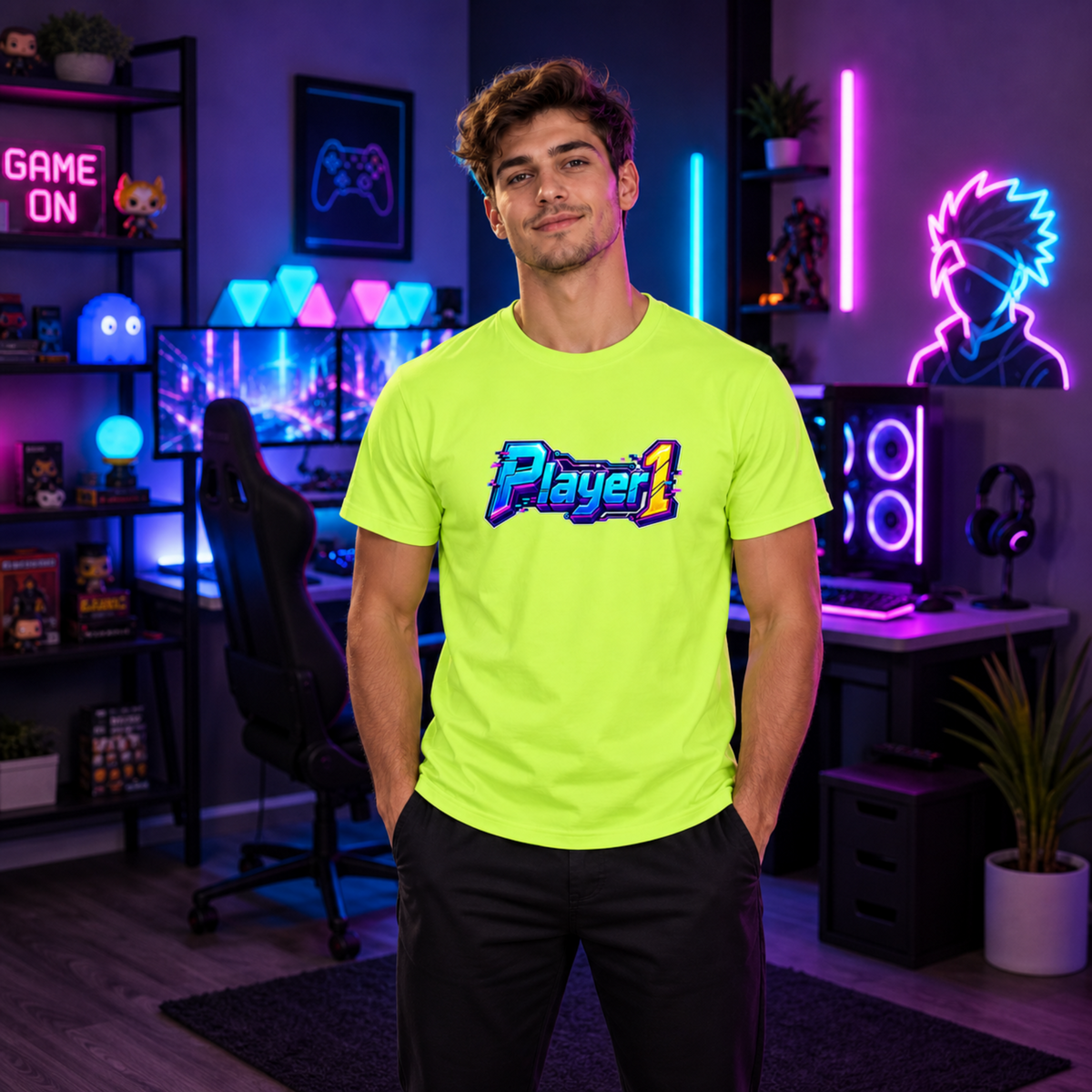 Player 1 Neon Gamer T-Shirt – Retro Arcade Cyber Gaming Tee