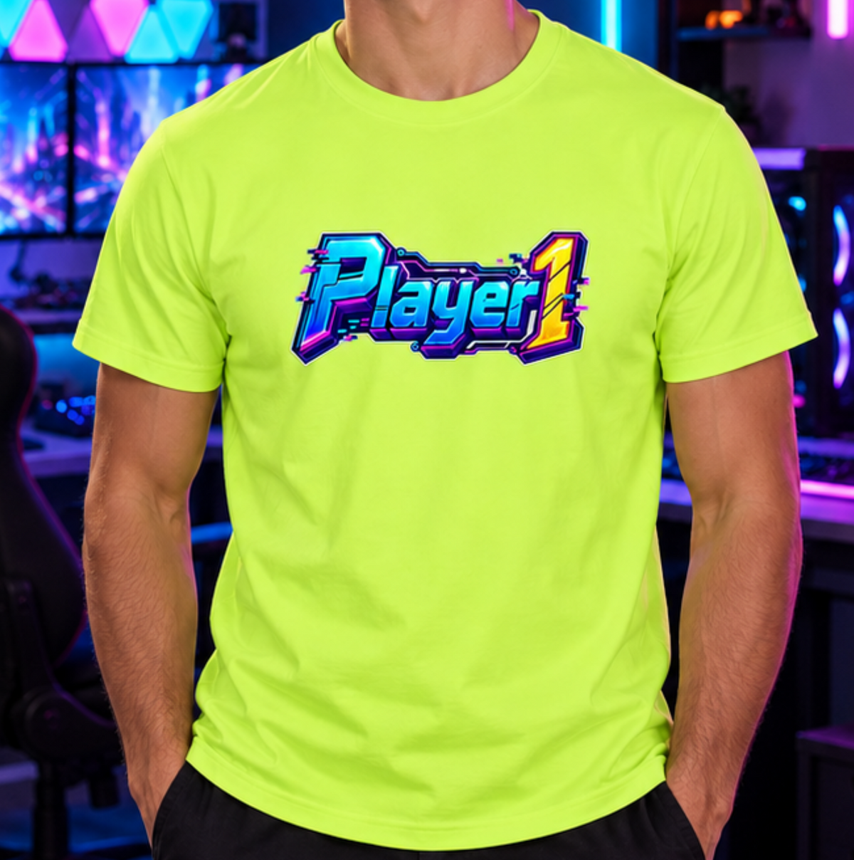 Player 1 Neon Gamer T-Shirt – Retro Arcade Cyber Gaming Tee