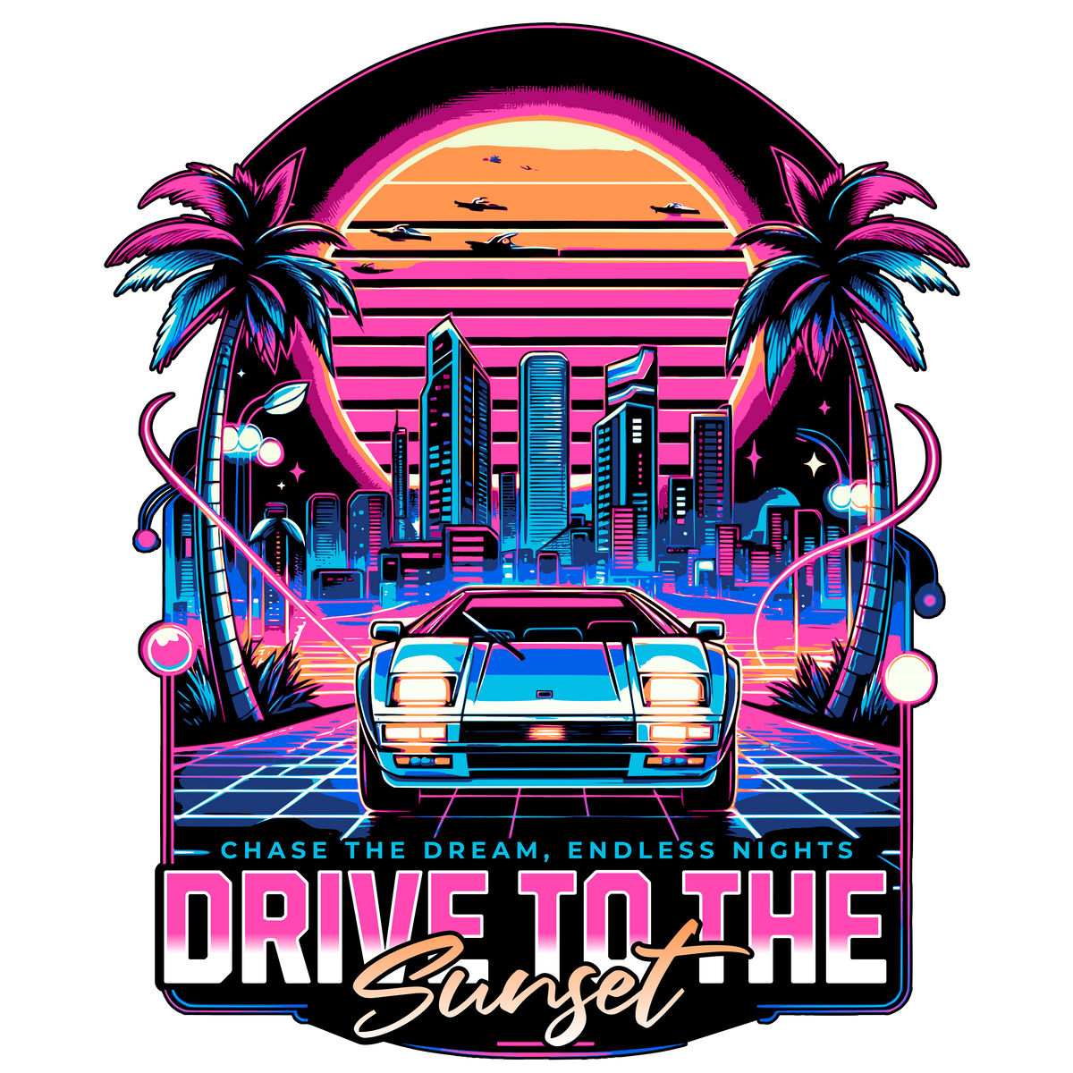 Drive to the Sunset Synthwave T-Shirt – Retro Neon Car Graphic Tee