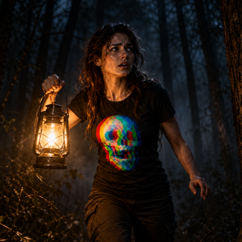 Person wearing RGB Skull T-Shirt walking in the dark woods with a lantern, showcasing a vibrant skull graphic.