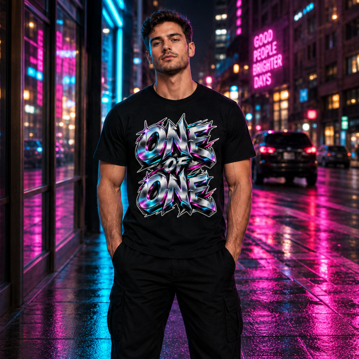 One of One Chrome Graffiti T-Shirt – Neon Streetwear Graphic Tee