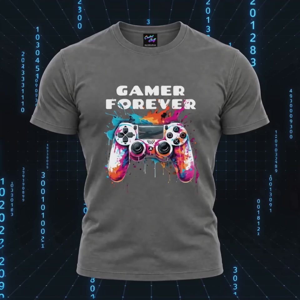 coolest,stuff,tshirt,shirt,tee,unisex,fashion,gift,graphic,apparel,streetwear,casual,clothing,outfit,trendy,gamer,forever,gaming,controller,gamepad,playstation,console,joystick,buttons,graffiti,paint,splatter,drips,colorful,vibrant,cyan,magenta,orange,yellow,white,black,typography,slogan,geek,nerd,esports,multiplayer,player,illustration,3D,spinning,video