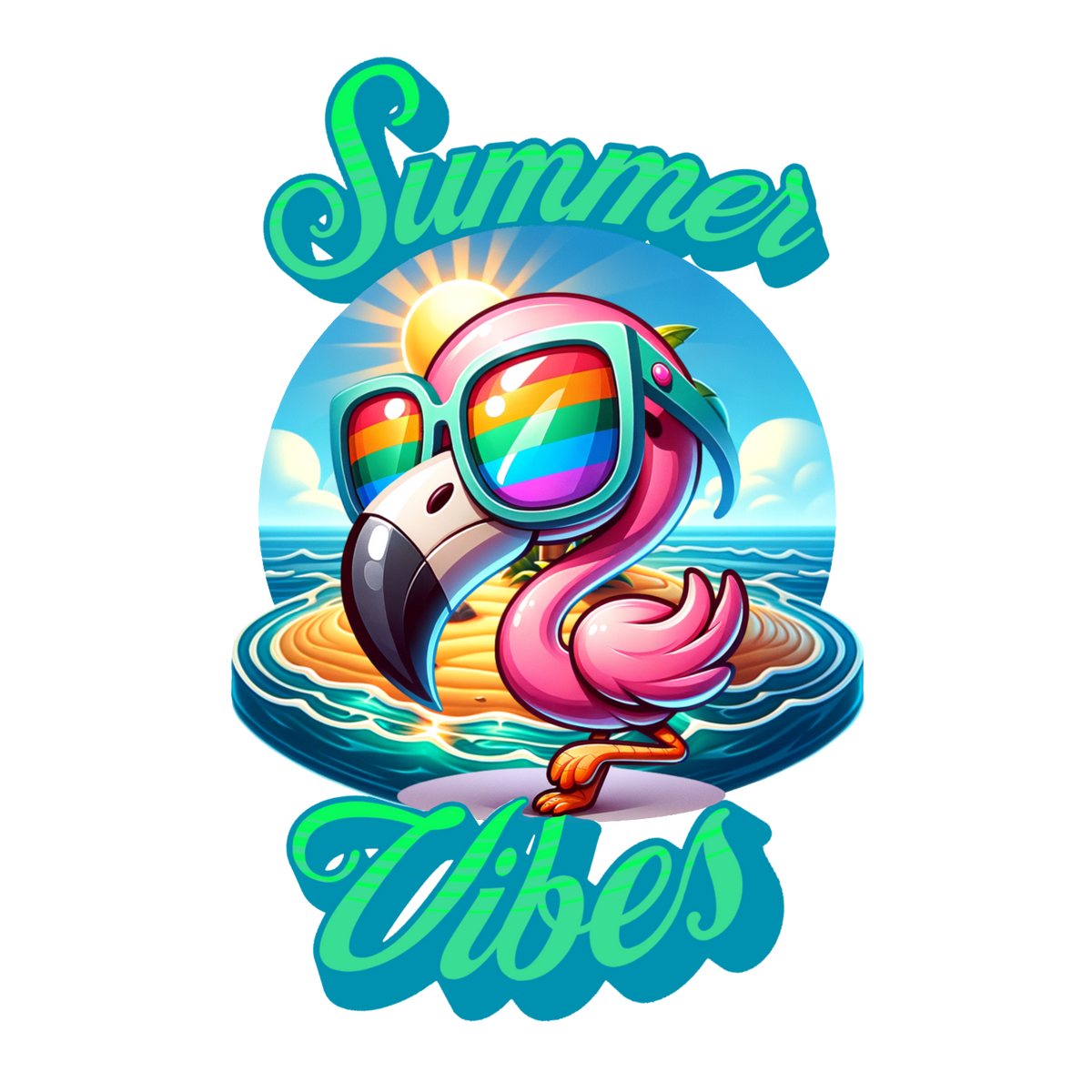 Summer Vibes Flamingo T-Shirt | Cute Pink Flamingo with Rainbow Sunglasses | Tropical Beach Vacation Graphic Tee