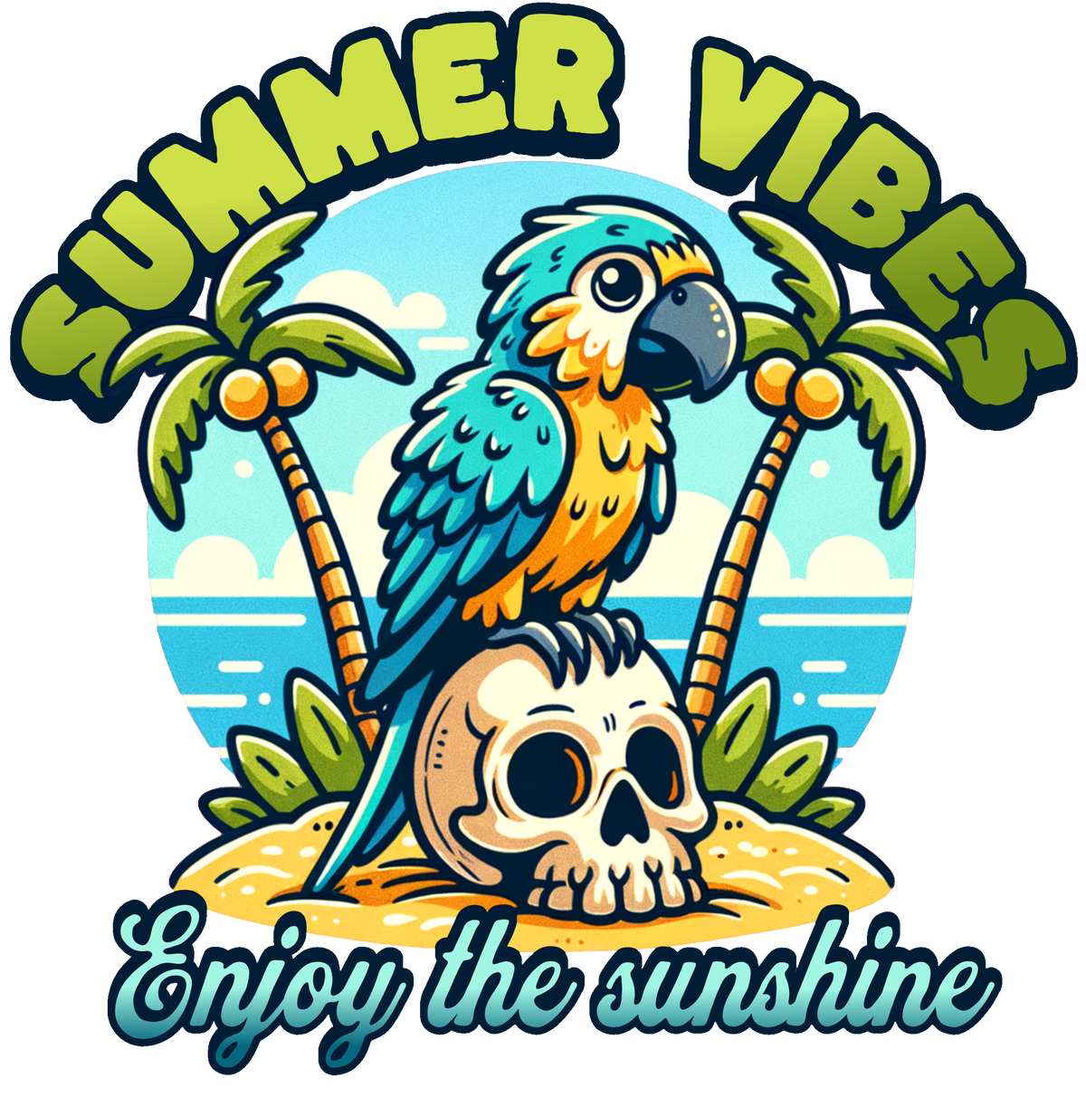 Summer Vibes Parrot T-Shirt – Tropical Skull Beach Graphic Tee, Sunshine Holiday Gift