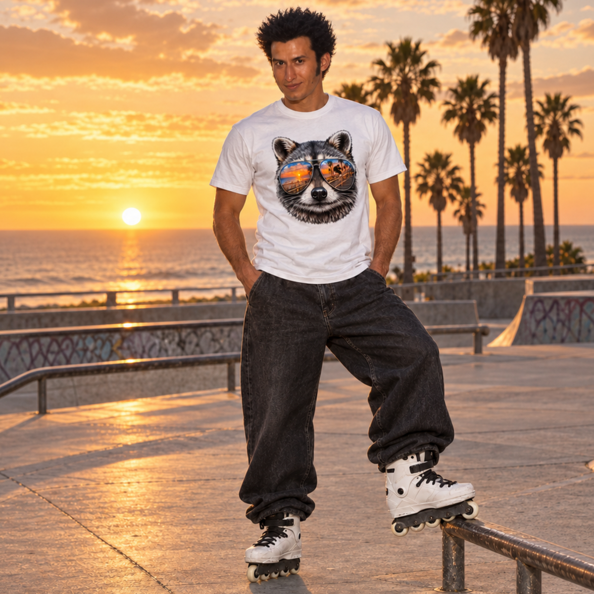 Raccoon Sunglasses T-Shirt – Sunset Skater Graphic Tee